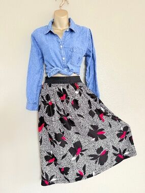 VTG 80s Bold Abstract Red & Black Floral Pebble Print Midi Skirt Whimsigoth Sz M